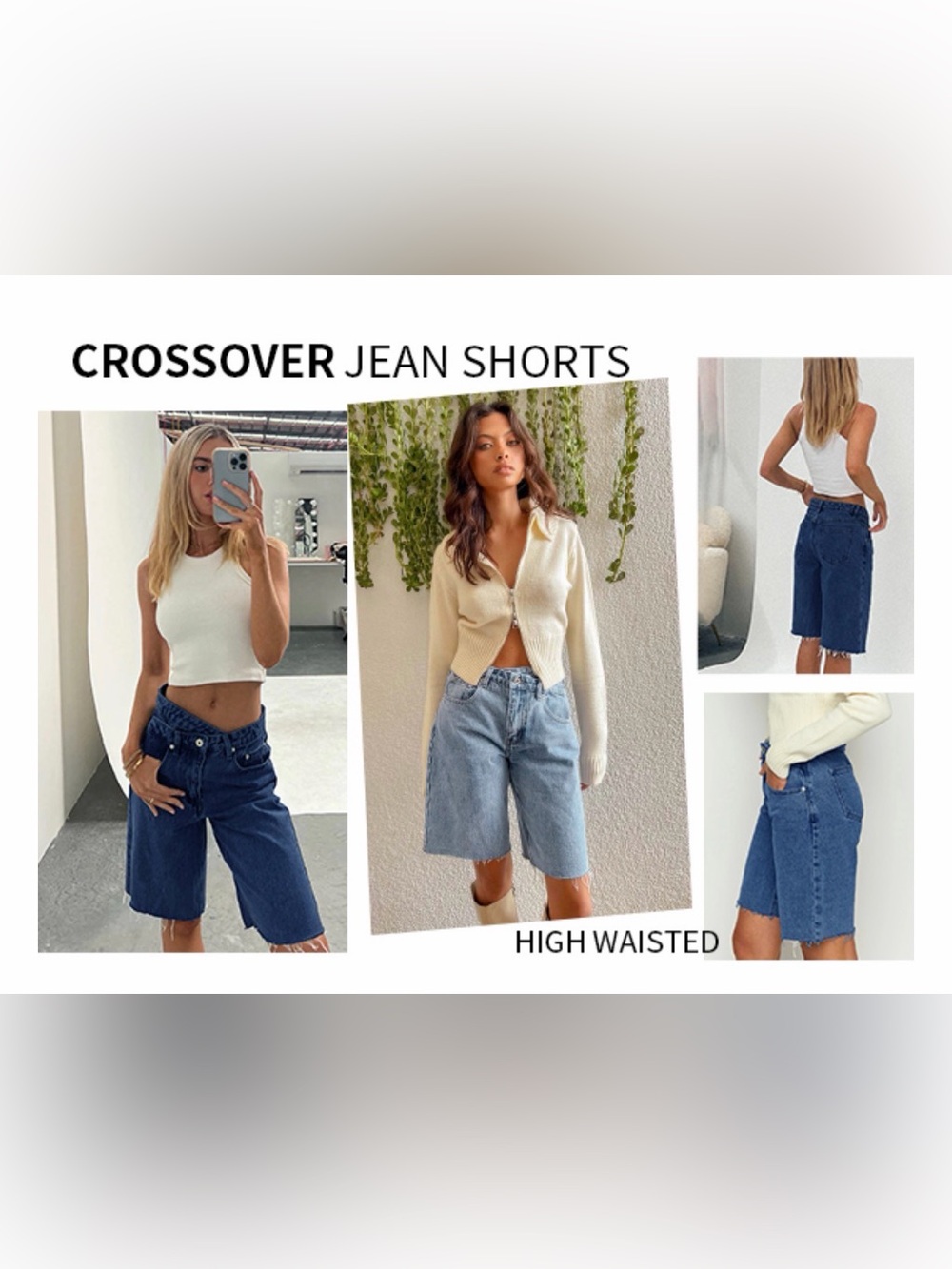 A125 Womens Crossover Denim Shorts Summer Asymmetrical High Waisted Straight - Picture 10 of 11